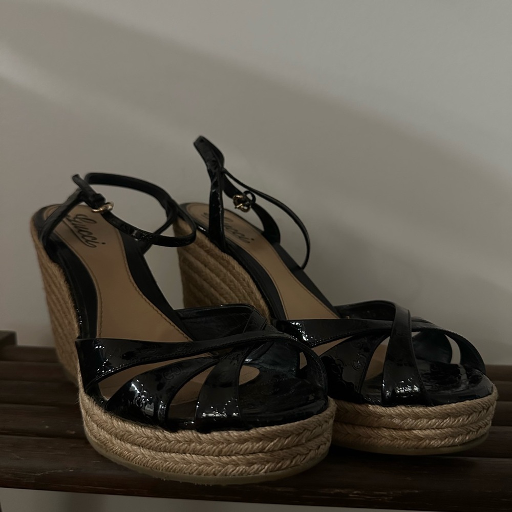 Black Gucci Espadrille Wedge Sandals